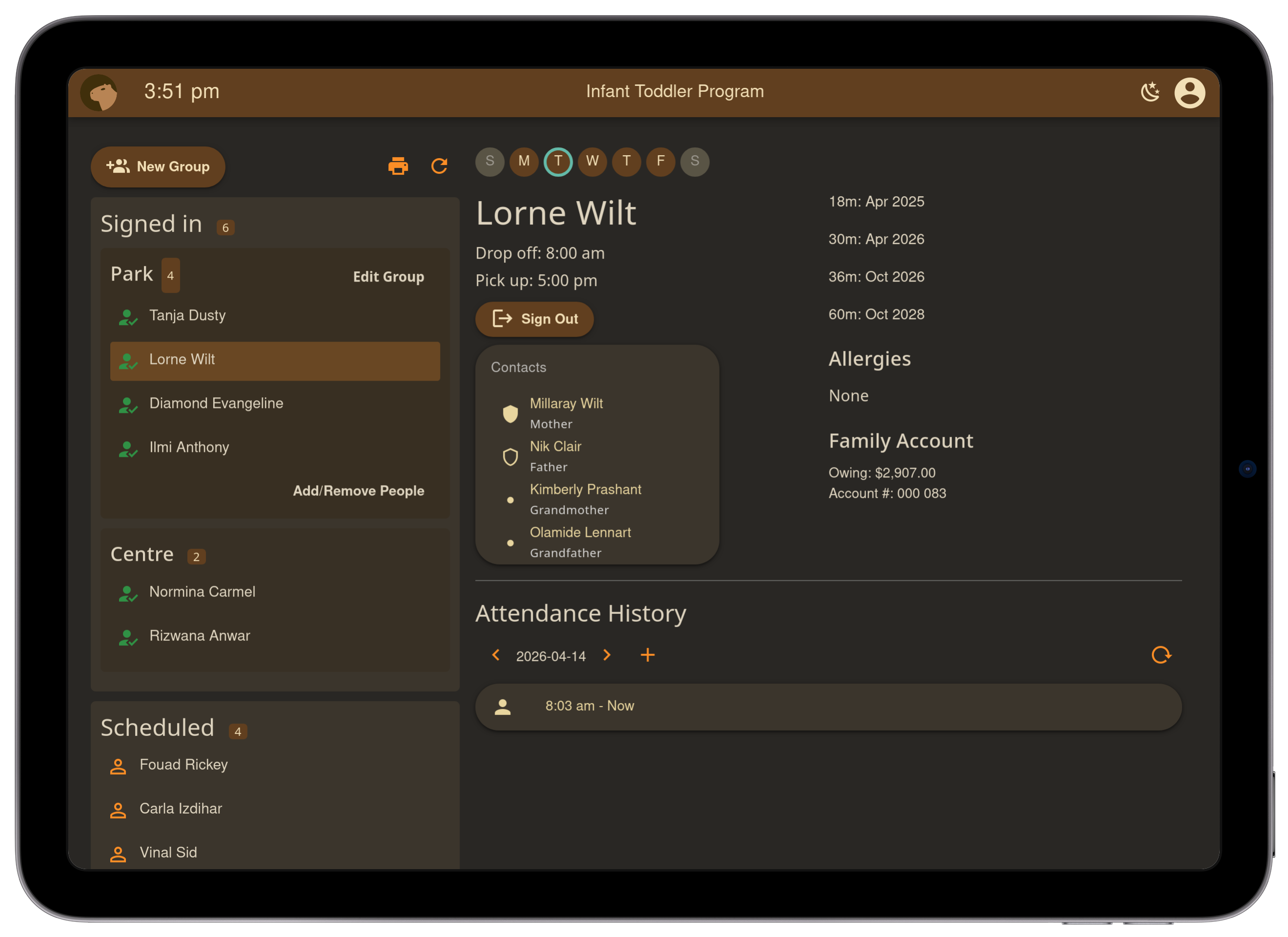 Daycare kiosk interface
